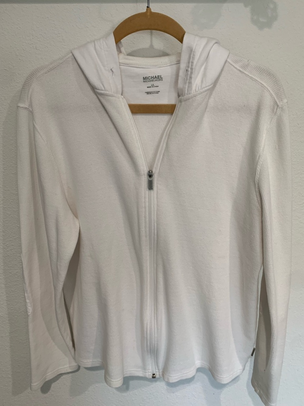 Women’s Michael Kors White Zip Up Hooded Waffle Knit Jacket Elbow patches, L